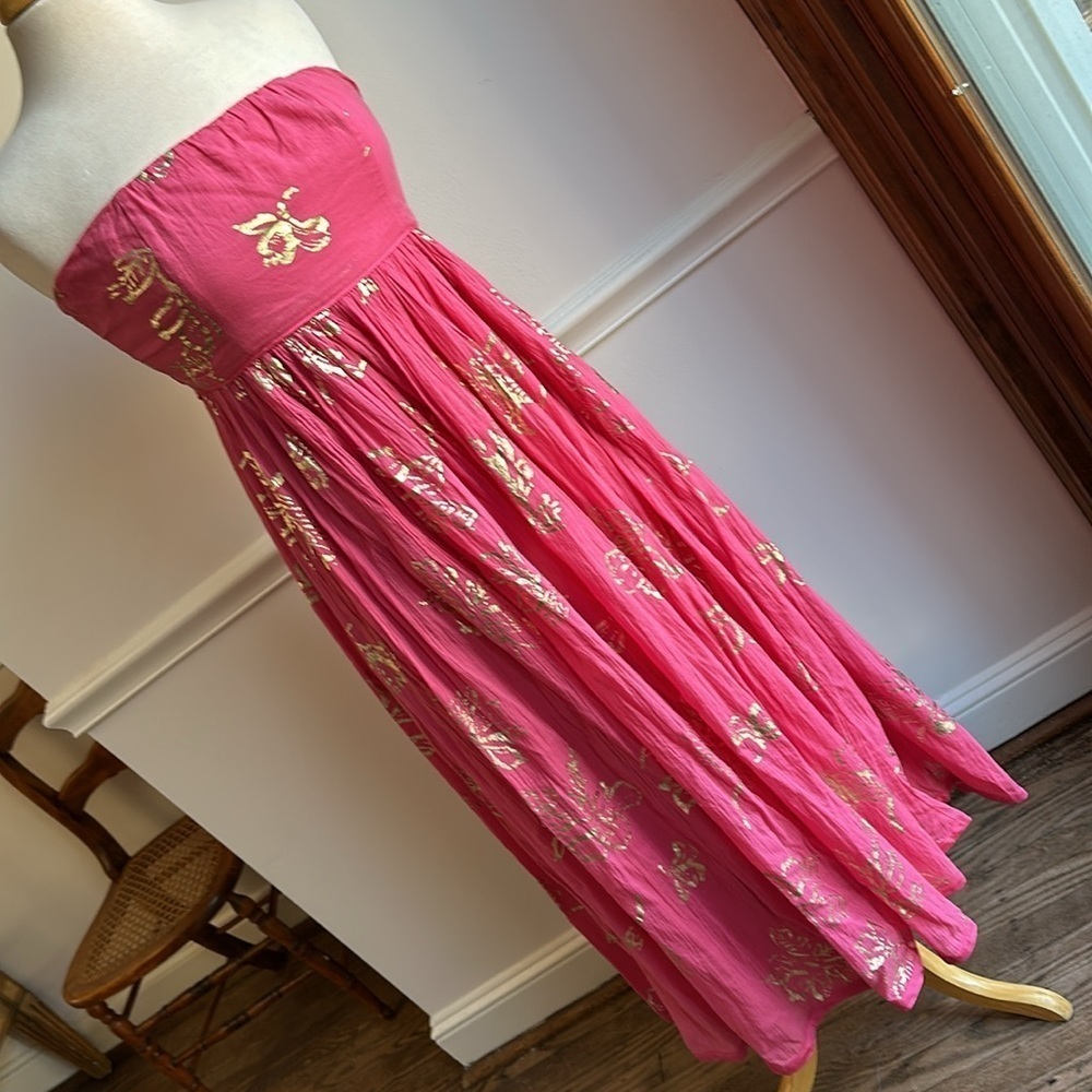 Free People Baja Babe Midi Dress Pink Gold Foil Sleeveless Medium EUC - Picture 3 of 8